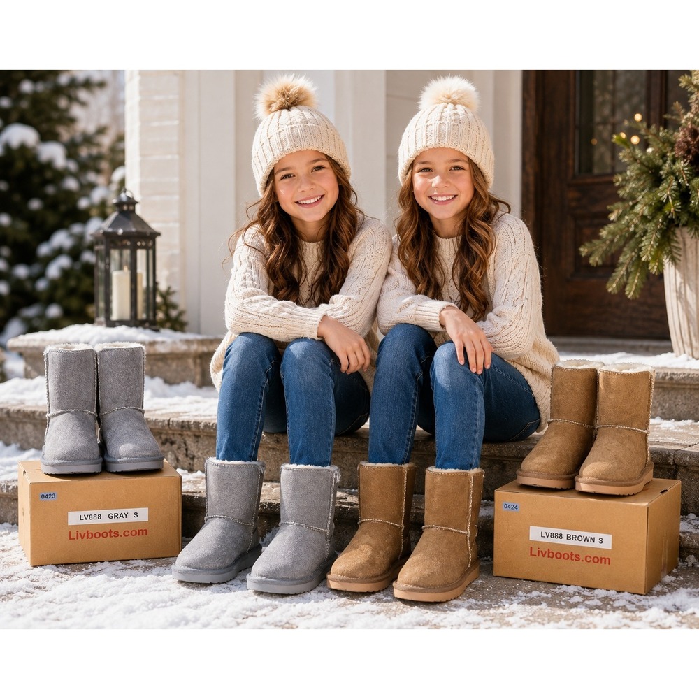 Livboots LV888 Kids Faux Suede Shearling Lined Winter Boots Gray Brown Size S